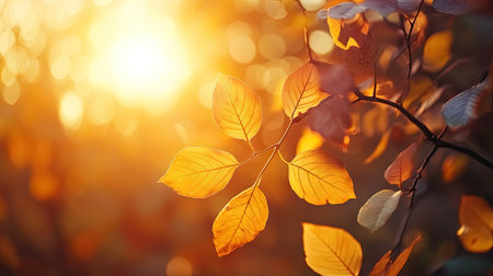 Experience the serene beauty of autumn with this stunning aerial view of leaves illuminated by warm sunlight, capturing the essence of nature in full color.の素材