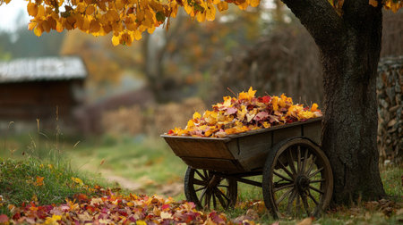 A serene rustic autumn scene featuring a wooden wheelbarrow filled with vibrant leaves beneath a colorful tree. Perfect for nature lovers and seasonal themes.の素材