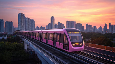 Capture the serene beauty of a sunset behind the pink MRT line, showcasing modern urban architecture and vibrant city life in a captivating view.の素材