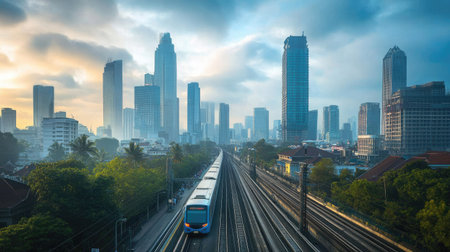 A sleek train arrives at an MRT station in Jakarta, surrounded by a vibrant urban skyline. The scene captures the essence of modern transportation amidst the bustling city.の素材