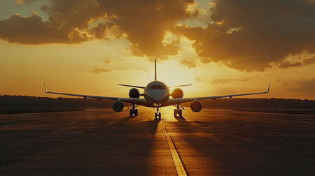 A stunning view of a private jet on the runway during sunset, showcasing dramatic clouds and warm light. Perfect for themes of luxury travel and aviation.の素材