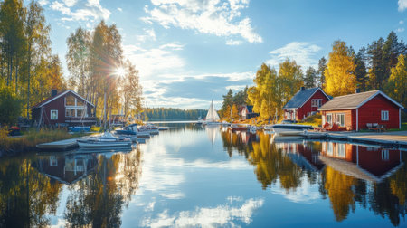 A tranquil marina scene in Finland, showcasing a serene landscape with a sailboat and colorful cottages reflecting on calm waters under a bright blue sky.の素材