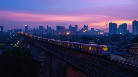 A stunning twilight view showcasing an MRT train traveling along the Pink Line, illuminated by the evening lights against a vibrant city skyline.の素材