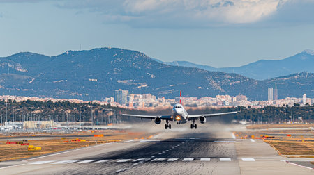 A passenger plane takes off from a runway, surrounded by stunning mountain scenery and a clear blue sky. Perfect for travel and aviation themes.の素材