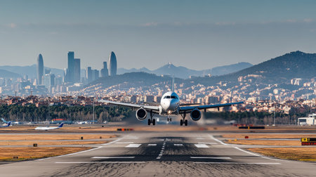 A passenger jet takes off from the runway with a stunning city skyline in the background. The image captures a moment of flight against a clear blue sky.の素材