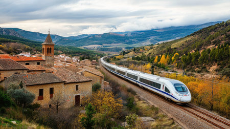 A modern train navigates through a picturesque landscape filled with autumn colors, mountains, and rural architecture, capturing the essence of travel.の素材