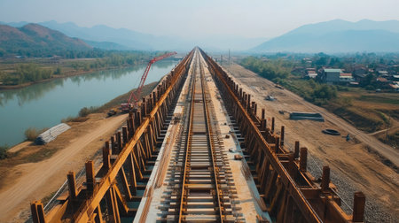 A wide-angle shot of a new railway bridge under construction, featuring its steel structure over a tranquil river, surrounded by scenic mountains and countryside.の素材