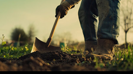 A farmer actively digs into the soil with a shovel under warm sunlight, showcasing the essence of manual labor in a rural setting.の素材