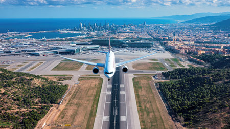 A majestic passenger plane soars above a stunning landscape, showcasing the vibrant city and coastline below. Perfect for travel and aviation themes.の素材