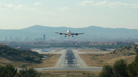 A wide angle view captures a passenger plane approaching a landing at an airport, with a vibrant city skyline and mountains in the background under a clear sky.の素材
