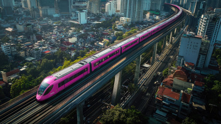 A stunning aerial view showcasing the Pink MRT Line traversing an urban landscape, highlighting modern transportation in bustling city life.の素材
