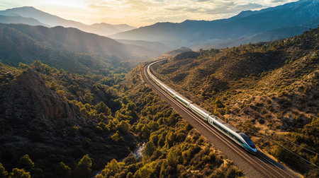 Captivating aerial view of an AVE train traveling through a mountainous landscape, showcasing the beauty of rail transportation against a stunning sunset backdrop.の素材