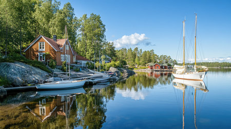 A serene marina scene in Finland showcasing beautiful sailboats docked by the shore, surrounded by lush greenery and calm waters on a sunny day.の素材