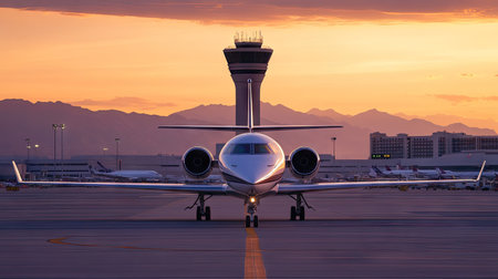 A stunning image of a jet waiting for takeoff under a beautiful sunset, with silhouettes of mountains in the background, capturing the essence of aviation.の素材