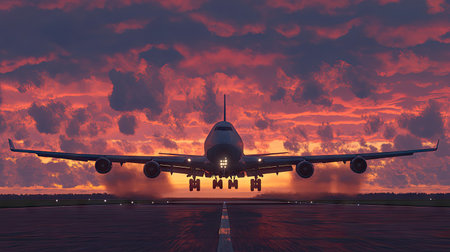 An airplane takes off against a stunning sunset backdrop, with dramatic clouds illuminating the sky. This dynamic scene captures the essence of travel and adventure in aviation.の素材
