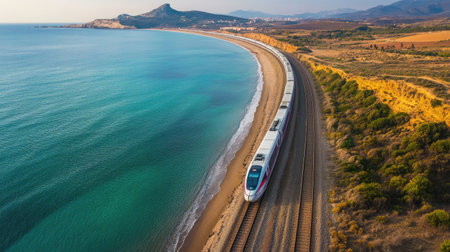 This stunning aerial view captures a train along a picturesque coastline, where lush landscapes meet the sparkling sea, showcasing nature's beauty and modern travel.の素材