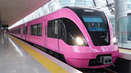 A pink MRT train arrives at Minbur station, showcasing modern transport design and vibrant color. Ideal for urban travel and transport themes.の素材