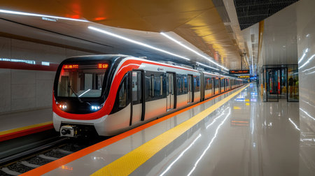A spacious view of a Jakarta MRT train at a sleek, modern station. The bright interior highlights contemporary design and efficient public transport solutions in the city.の素材