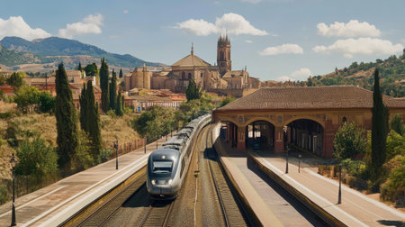 A modern train arrives at a picturesque station in Andalusia, framed by scenic mountains and a vibrant sky, showcasing beautiful landscapes and culture.の素材