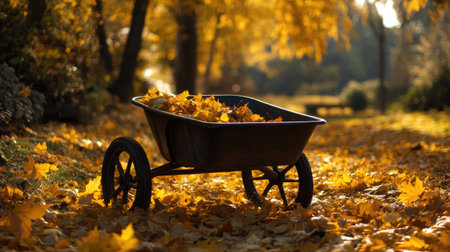 A tranquil autumn scene featuring an empty wheelbarrow filled with colorful leaves, set against a backdrop of golden foliage in a serene garden.の素材