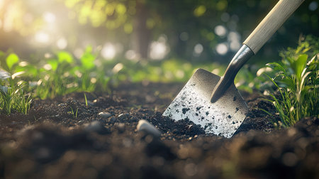 A shiny shovel blade penetrates the rich, fertile soil, revealing the vibrant life of the garden. Ideal for showcasing gardening tools and outdoor activities.の素材