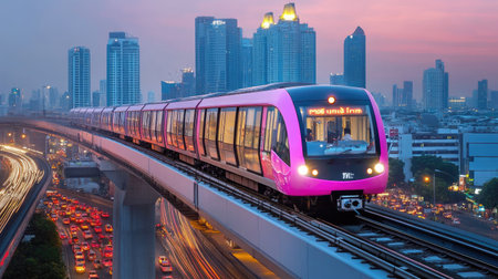A pink MRT train glides on an elevated track amidst a bustling urban skyline at dusk, highlighting modern transportation in a vibrant city environment.の素材