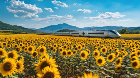 A magnificent train glides through a vibrant sunflower field under a blue sky, embodying a picturesque rural landscape full of natural beauty and tranquility.の素材