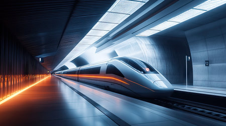 A sleek, futuristic train parked in a modern station, illuminated by dramatic lighting. This image captures the essence of advanced transportation and architectural design.の素材