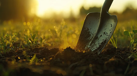 A close-up view of a shovel blade resting on the soil, illuminated by warm sunlight. This image captures the essence of farming, nature, and manual labor in a vibrant field.の素材