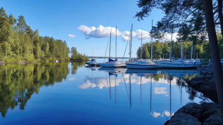 A tranquil scene featuring sailboats gently swaying on a serene Finnish lake, surrounded by lush greenery and reflected blue skies, perfect for nature lovers.の素材