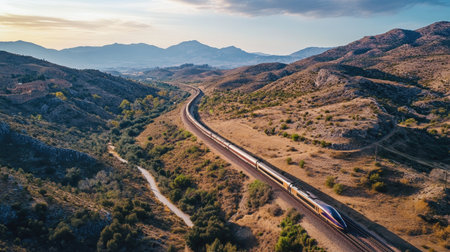 Captivating aerial view of an AVE train winding through a picturesque landscape, surrounded by mountains and bathed in golden sunset light, showcasing the beauty of travel and nature.の素材