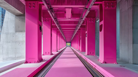 A striking view of a pink MRT track interior, showcasing modern architecture and urban design, perfect for enthusiasts of transportation and vibrant visuals.の素材