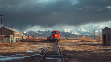 A striking view of a red CR400AF train against a dramatic mountain backdrop, capturing the essence of transportation amidst nature's beauty and changing weather.の素材
