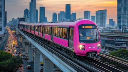 A pink MRT train gliding above a bustling cityscape at sunset. The vibrant colors and modern architecture create a stunning urban travel scene.の素材