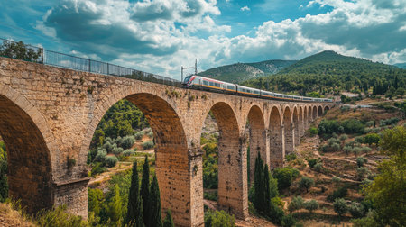 Discover a stunning view of an ancient stone train crossing amidst a lush landscape, showcasing engineering marvel with scenic mountains and vibrant nature.の素材