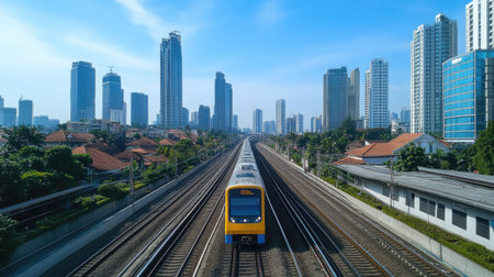 Capture the dynamic movement of a high-speed EMU train traveling through Jakarta's modern skyline, showcasing vibrant urban life and transportation.の素材