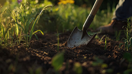A close-up view of a shovel piercing the soil in a vibrant garden. Sunlight highlights the fresh earth and surrounding greenery, reflecting a serene gardening moment.の素材