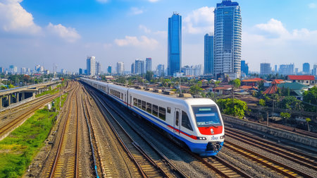 A high-speed EMU train travels along tracks in Jakarta, showcasing the modern urban landscape with skyscrapers in the background. Ideal for transportation themes.の素材