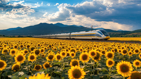 A vibrant train gracefully passes through a stunning sunflower field under a beautiful sky, showcasing a perfect blend of nature and modern transport.の素材