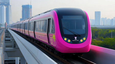 The image showcases a pink MRT train gliding smoothly on its elevated track, representing modern urban transportation and efficient commuting in a vibrant city environment.の素材