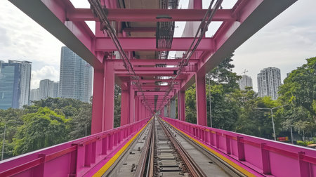 This striking image captures a vibrant pink MRT track stretching into the distance, surrounded by an urban landscape of buildings and lush greenery, showcasing modern transportation.の素材