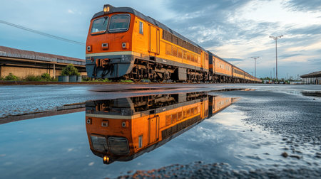 A vibrant train reflecting in a puddle under a dramatic sky at dusk. The scene captures the beauty of transportation and nature, showcasing rich colors and serene ambiance.の素材