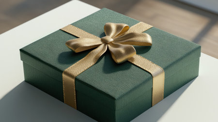 A beautifully designed green gift box with a neatly tied gold ribbon and bow, showcased on a white surface.の素材