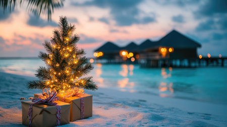 A beachside Christmas celebration in the Maldives, with gift boxes, fairy lights, and a small decorated pine tree against a turquoise lagoon.の素材