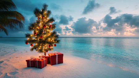 A beachside Christmas celebration in the Maldives, with gift boxes, fairy lights, and a small decorated pine tree against a turquoise lagoon.の素材