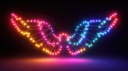 A festive 3D vector icon of multicolored neon Christmas lights garland glowing, arranged as an angel frame with a transparent backdropの素材