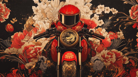 A Chinese New Year poster with a central design of a traditional red lantern, adorned with gold, surrounded by delicate flowers and patterns.の素材