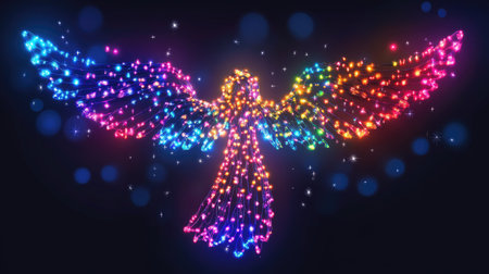 A beautifully glowing angel frame made of multicolored Christmas lights garland in a realistic 3D neon style on a transparent backgroundの素材