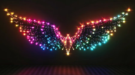 D vector illustration of multicolored neon Christmas lights forming a glowing angel frame on a transparent background, festive and elegantの素材