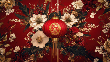 A Chinese New Year poster with a central design of a traditional red lantern, adorned with gold, surrounded by delicate flowers and patterns.の素材